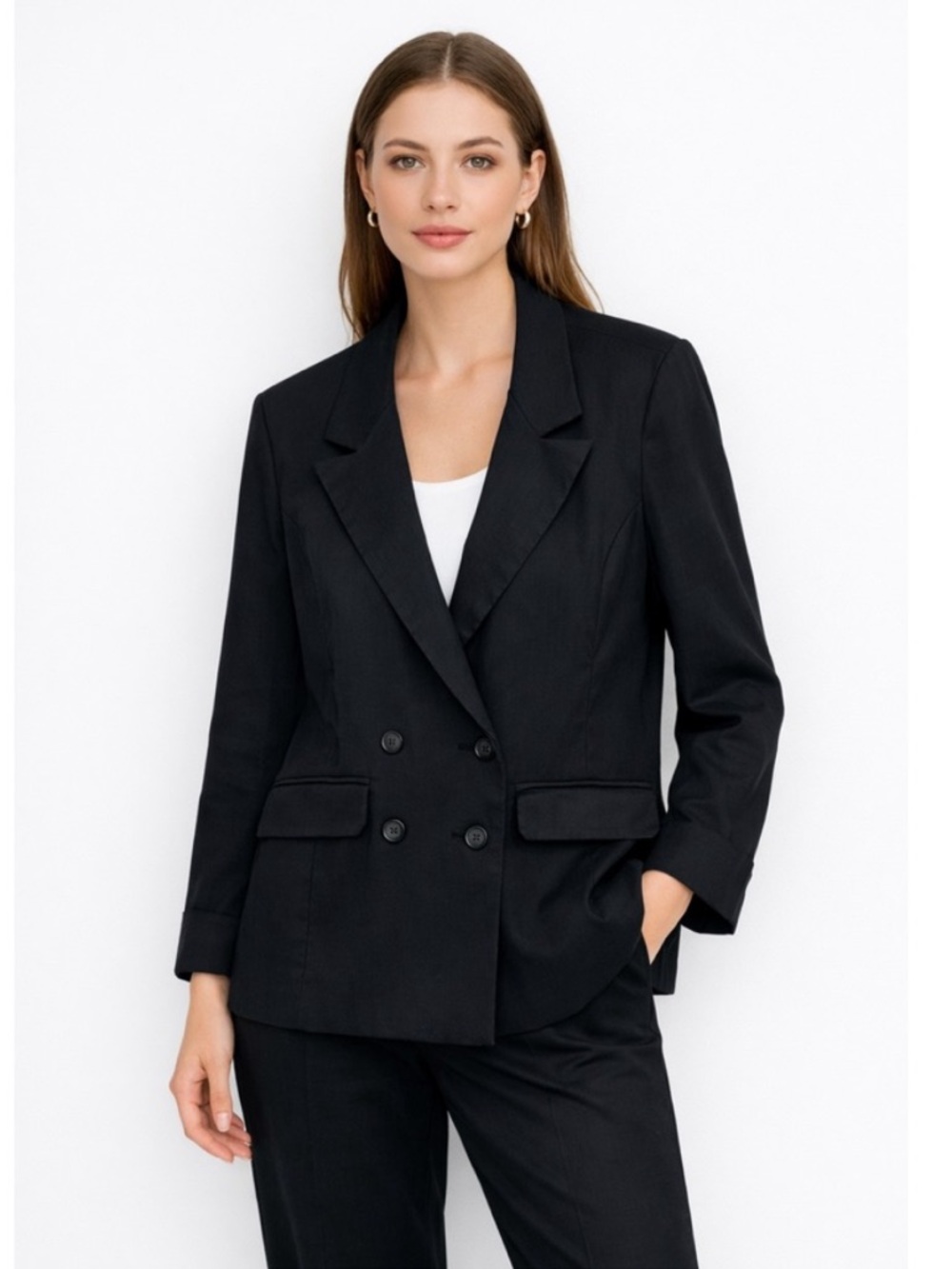 Evereve Alexa Double Breasted Linen Blend Blazer in Bold Black SZ S